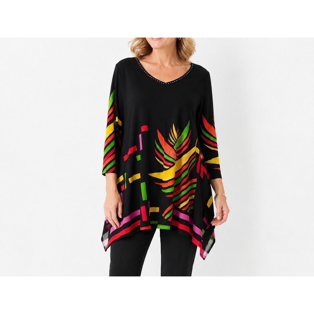 Valentina Women Black Abstract Tropical Tunic Top Studded V-Neck Sharkbite Hem M